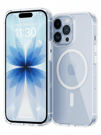 Case UpHere clear magnetic phone case for iPhone with MagSafe ring. Protective, transparent, and slim design.