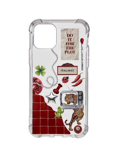 Case UpHere clear anti-shock phone case with a collage of quirky stickers including a tiger, chili peppers, and the phrase "Do it for the plot."