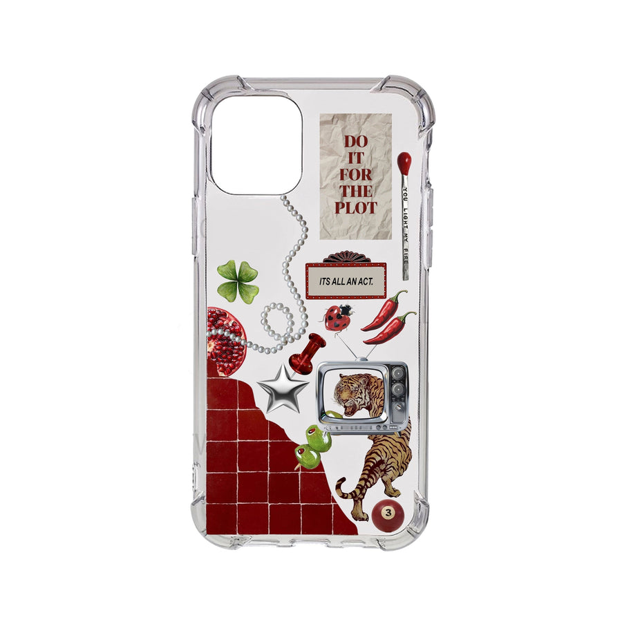 Case UpHere clear anti-shock phone case with a collage of quirky stickers including a tiger, chili peppers, and the phrase "Do it for the plot."